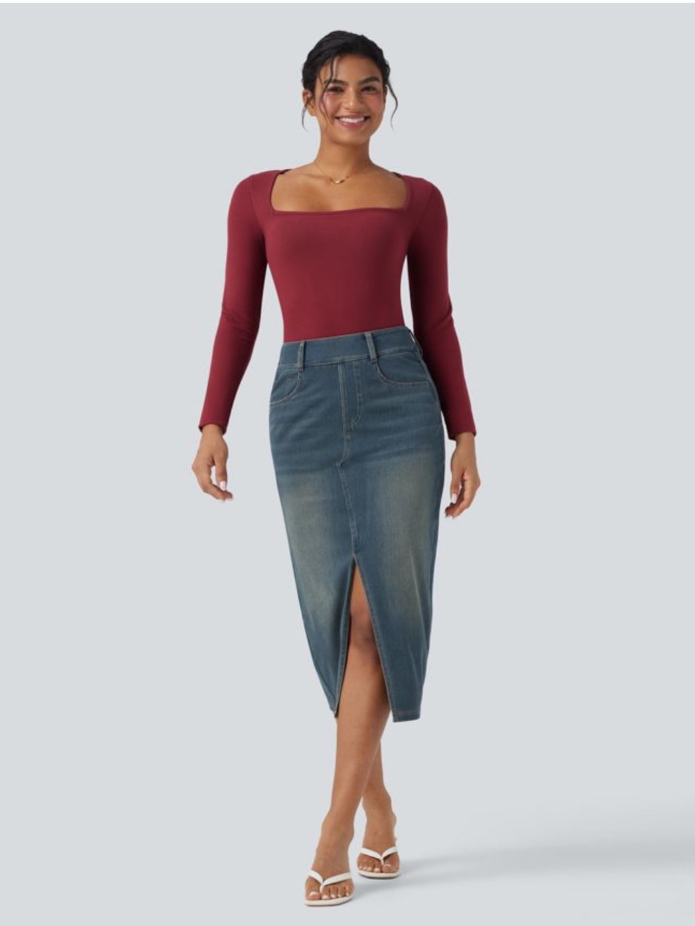 Halara Flex High Waisted Pockets Bodycon Washed Denim Casual Midi Skirt NWOT
